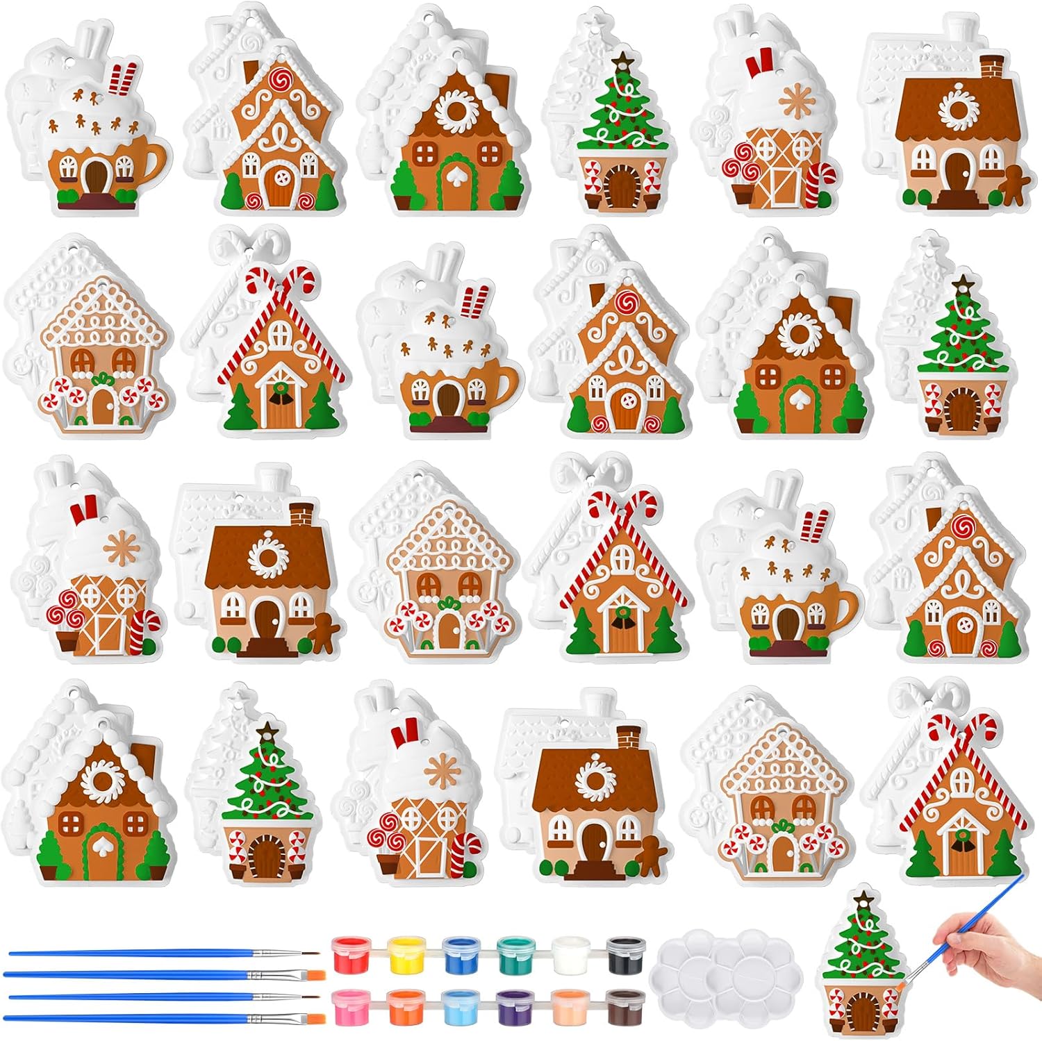 Syhood 24 Pcs Ceramic to Paint Christmas Gingerbread House Ornaments Crafts for Paint Your Own Kit DIY Ceramics Xmas Gingerbread House Ceramic Ornaments Crafts Gifts for Adults