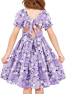 Girls Summer Dress Tie Back Short Sleeve Square Neck Tiered Midi Casual Dresses with Pockets - Buy now