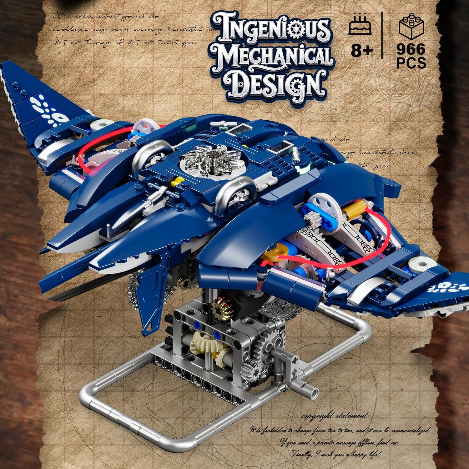 Mechanical Manta Ray Ocean Construction Toy Building Block Set, 1003 Pcs Movable Wings LED Lights, Compatible with Lego, Toys Christmas Birthday Gifts for Boys Teens Ages 8-12 & Adults image 2