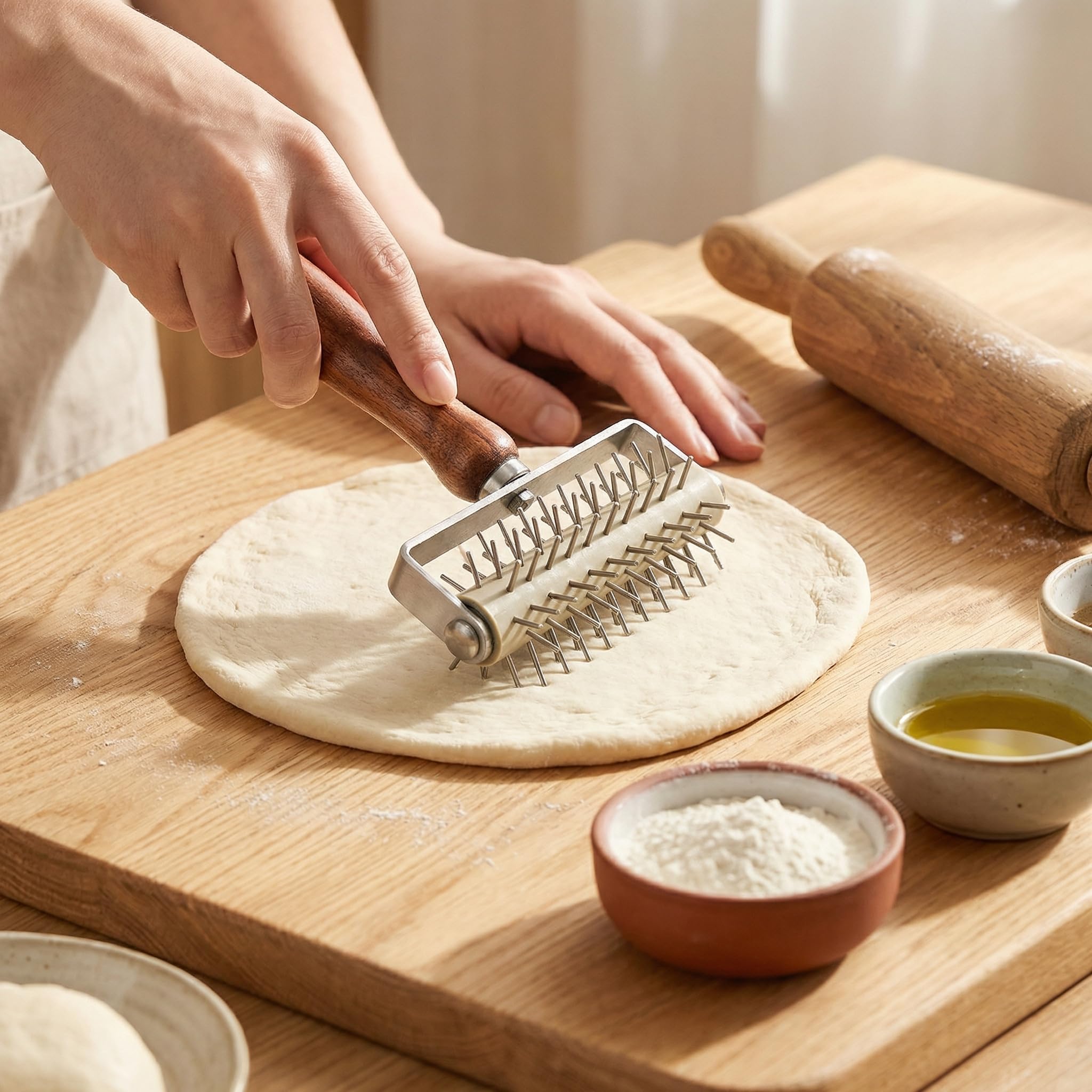 Hiceeden Zestaw 2 wałków do pizzy i przystawek do ciasta, dziurkacz do ciasta ze stali nierdzewnej, drewniany wałek do ciasta do pizzy, ciastek, ciast, ciast, chleba, skórki