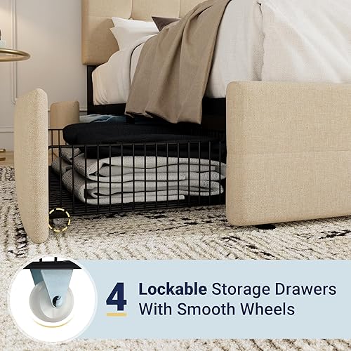 Miniatura 5 de Allewie - Base de cama con plataforma de tamaño Queen, tapizada, con 4 cajones de almacenamiento y cabecera, diseño cosido en cuadrados con botones,