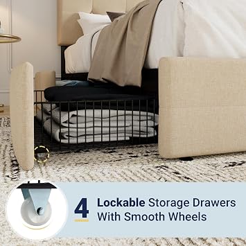 Allewie Upholstered Full Size Platform Bed Frame with 4 Storage Drawers and Headboard, Square Stitched Button Tufted, Mattress Foundation with Wooden Slats Support, No Box Spring Needed, Beige