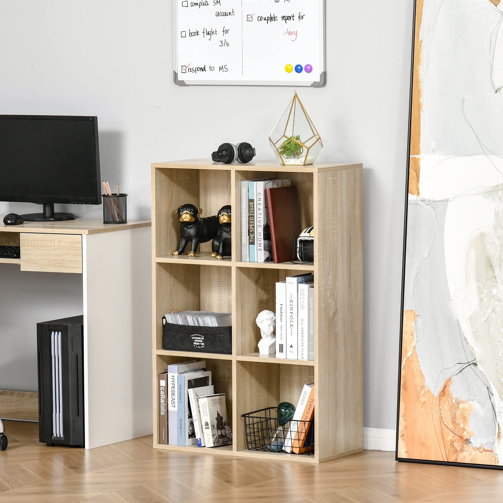 HOMCOM Librería de 3 Niveles, Estantería para Libros con 6 Cubos de Almacenaje, para Sala de Estar, Dormitorio, Estudio, Oficina, 65,5x30x97,5 cm, Roble