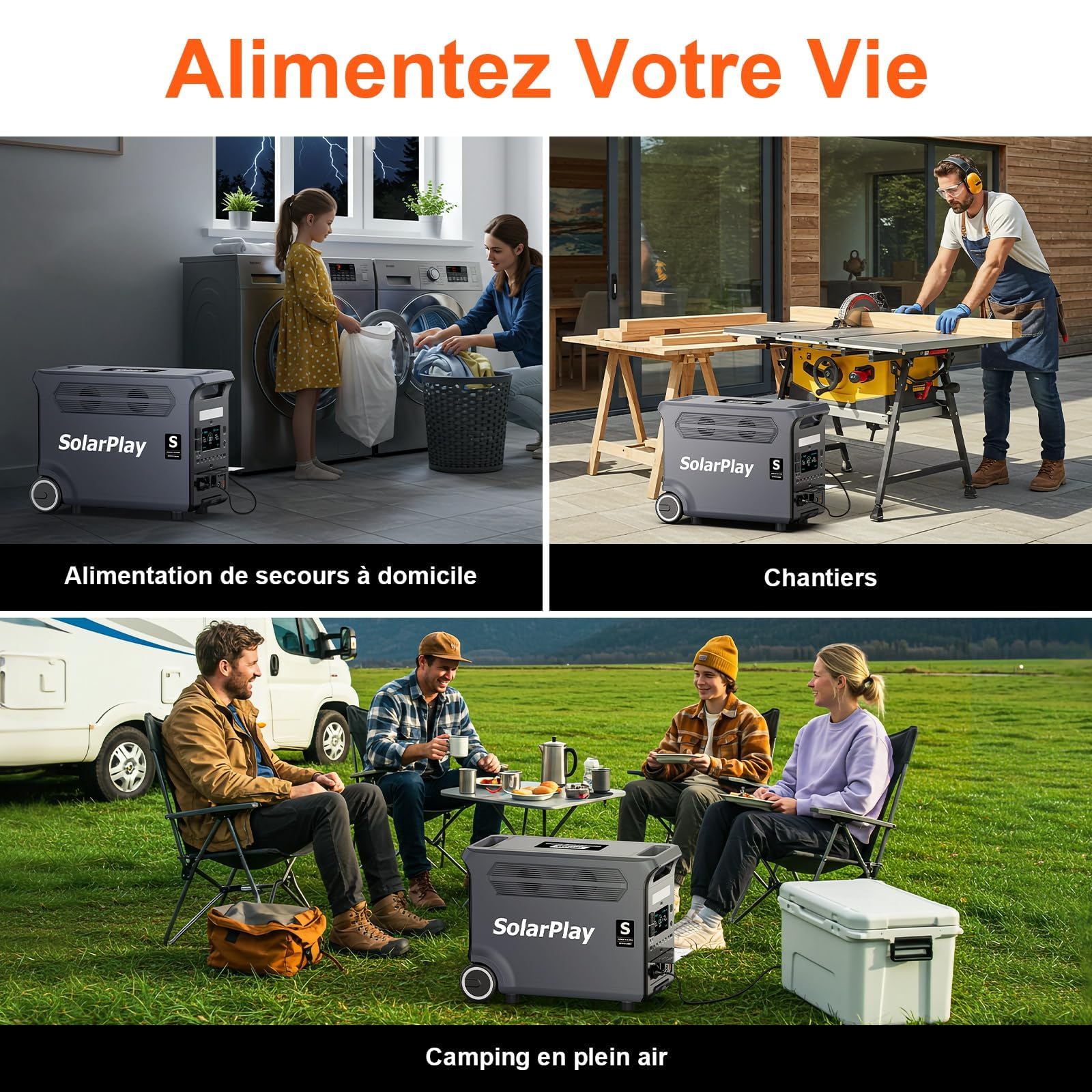 SolarPlay Q3600 Station d'énergie Portative 3840Wh, Générateur Solaire 3600W (7200W Crête) avec 3 x CA 230V, Batterie LiFePO4, Charge Rapide 1.5h, Backup Maison, Camping-car et Voyage