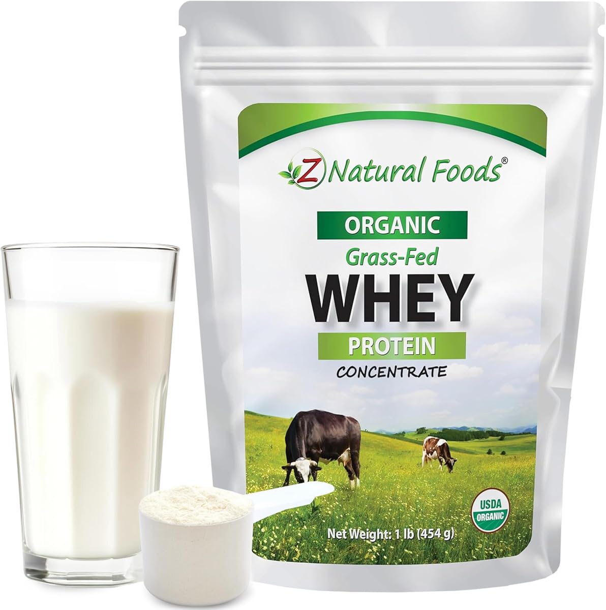 Concentrado de proteína de suero orgánico Z Natural Foods - Alimentado con pasto, 1 libra | USDA orgánico, procesado en frío, de un solo ingrediente, sin sabor, sin edulcorantes ni rellenos añadidos, se mezcla en batidos y batidos
