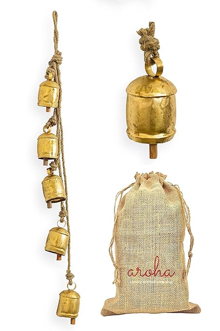 Aroha Harmony 5 Cow Bells Cluster on Rope Large Rustic Vintage Lucky Cow Bells On Rope Wall Hanging D cor (Gold)