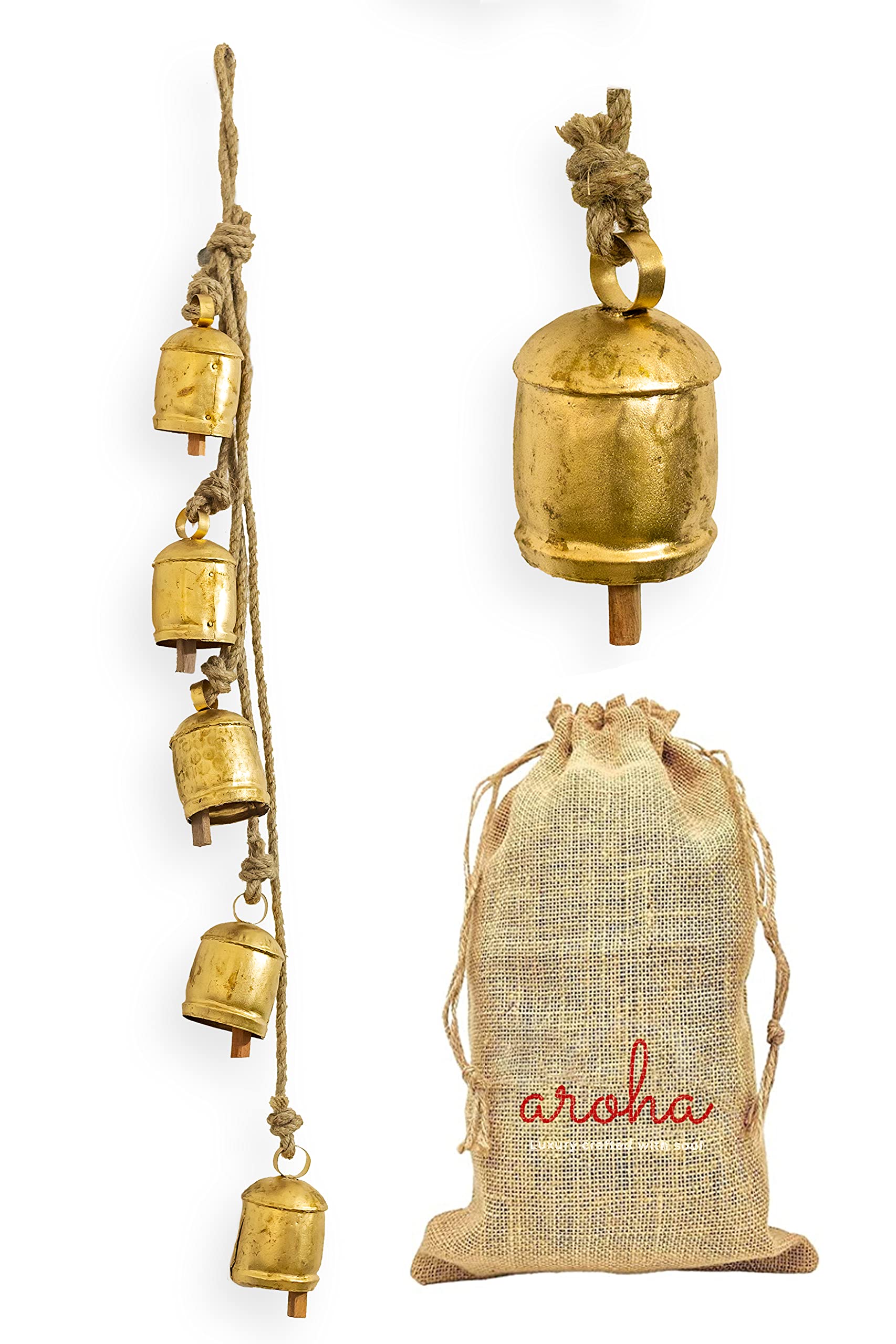 Iron Harmony 5 Cow Bells Cluster On Rope Large Rustic Vintage Lucky Cow Bells On Rope Wall Hanging Décor (Gold)