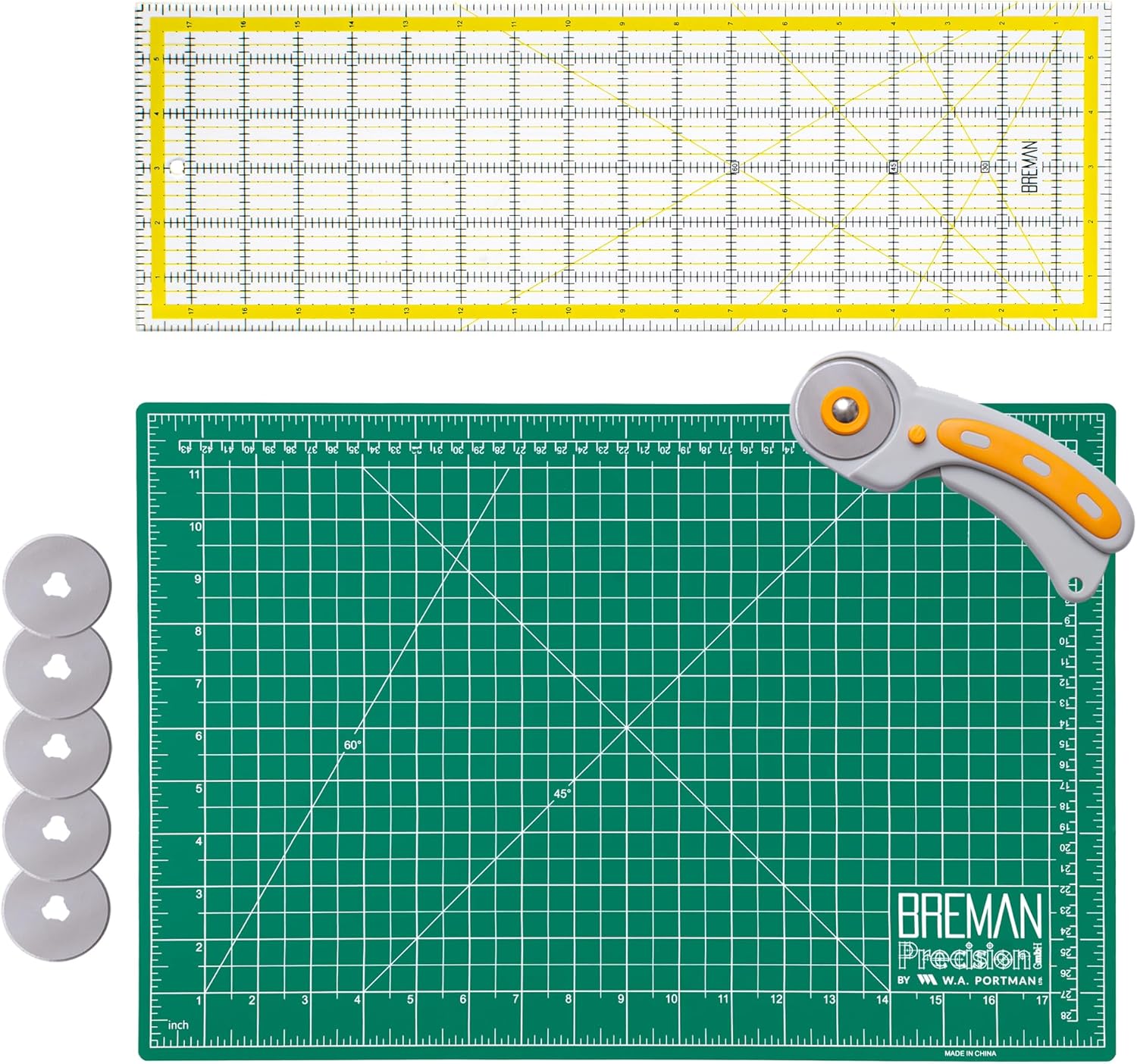 WA Portman Self Healing Cutting Mat & Rotary Cutter Set – 45mm Rotary Cutter for Fabric with 5 Extra Blades with 12×18 Fabric Cutting Mats for Crafts & 6×18 Acrylic Quilting Rulers – 3pc Sewing Kit