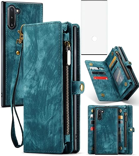 Asuwish Funda de teléfono para Samsung Galaxy Note 10 Glaxay Note10 5G con cremallera, funda desmontable con protector de pantalla de vidrio