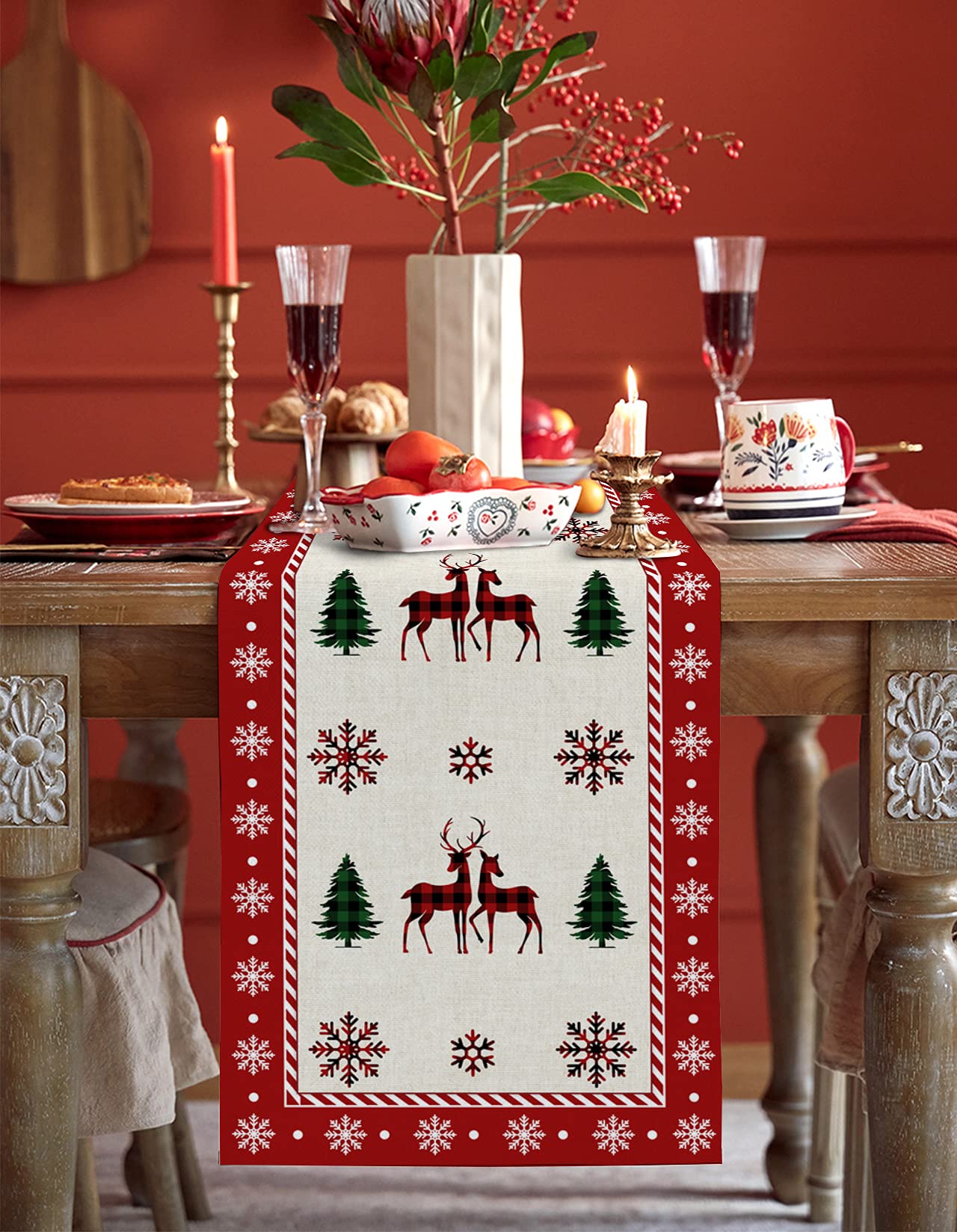 Christmas Table Runner - 120 Inch Long, Xmas Tree Elk Checkered Dining Table Runner Dresser Scarves, Snowflake Merry Christmas Farmhouse Home Decor for Coffee Table Wedding Party Banquet