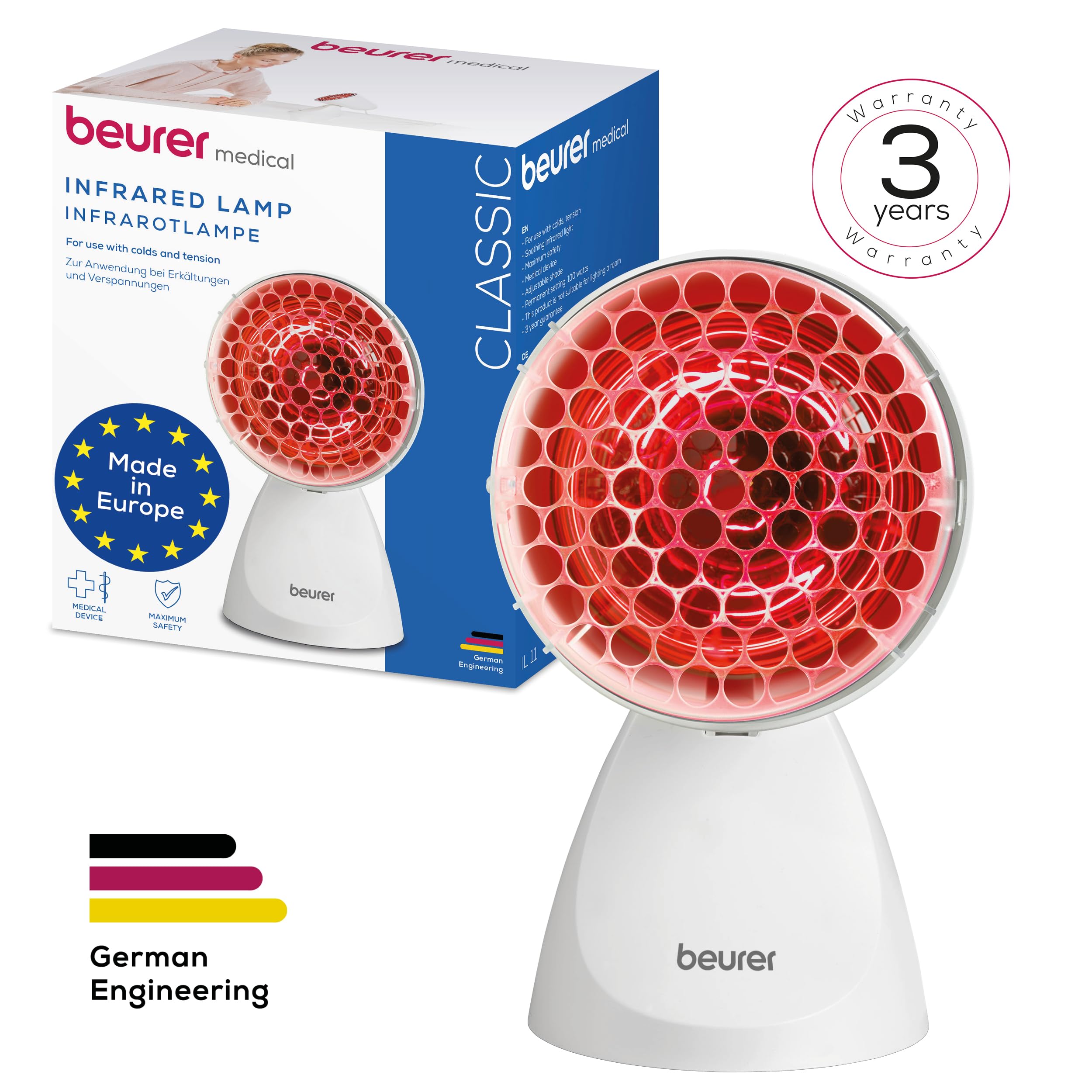Beurer IL 11 Lámpara de infrarrojos con rejilla protectora, dispositivo médico con calor calmante para uso en resfriados y tensiones musculares, 5 niveles de inclinación