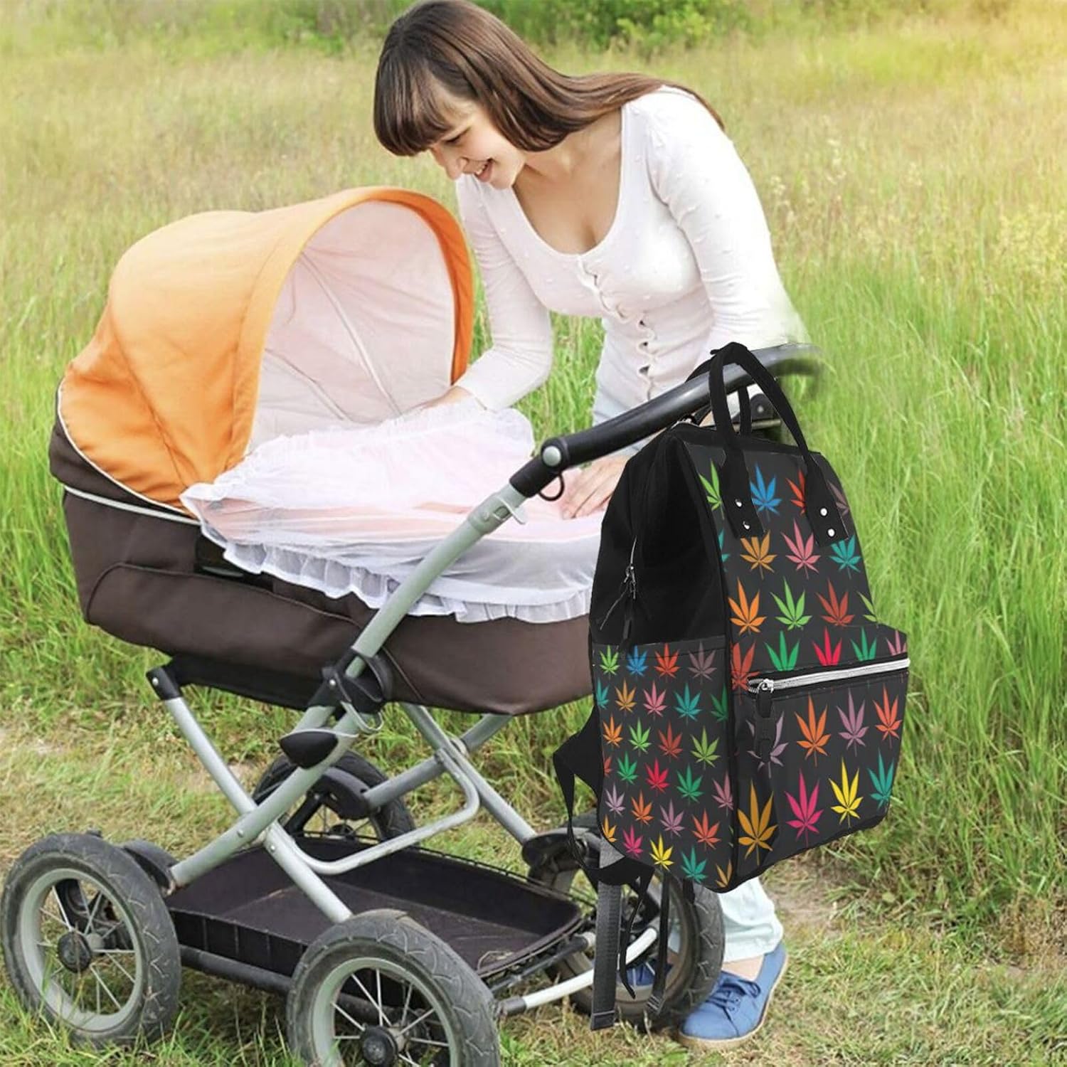 Elegant Colorful Cannabis Leaves Print Mummy backpack Large, Waterproof,Adjustable Straps for Outdoor Activities