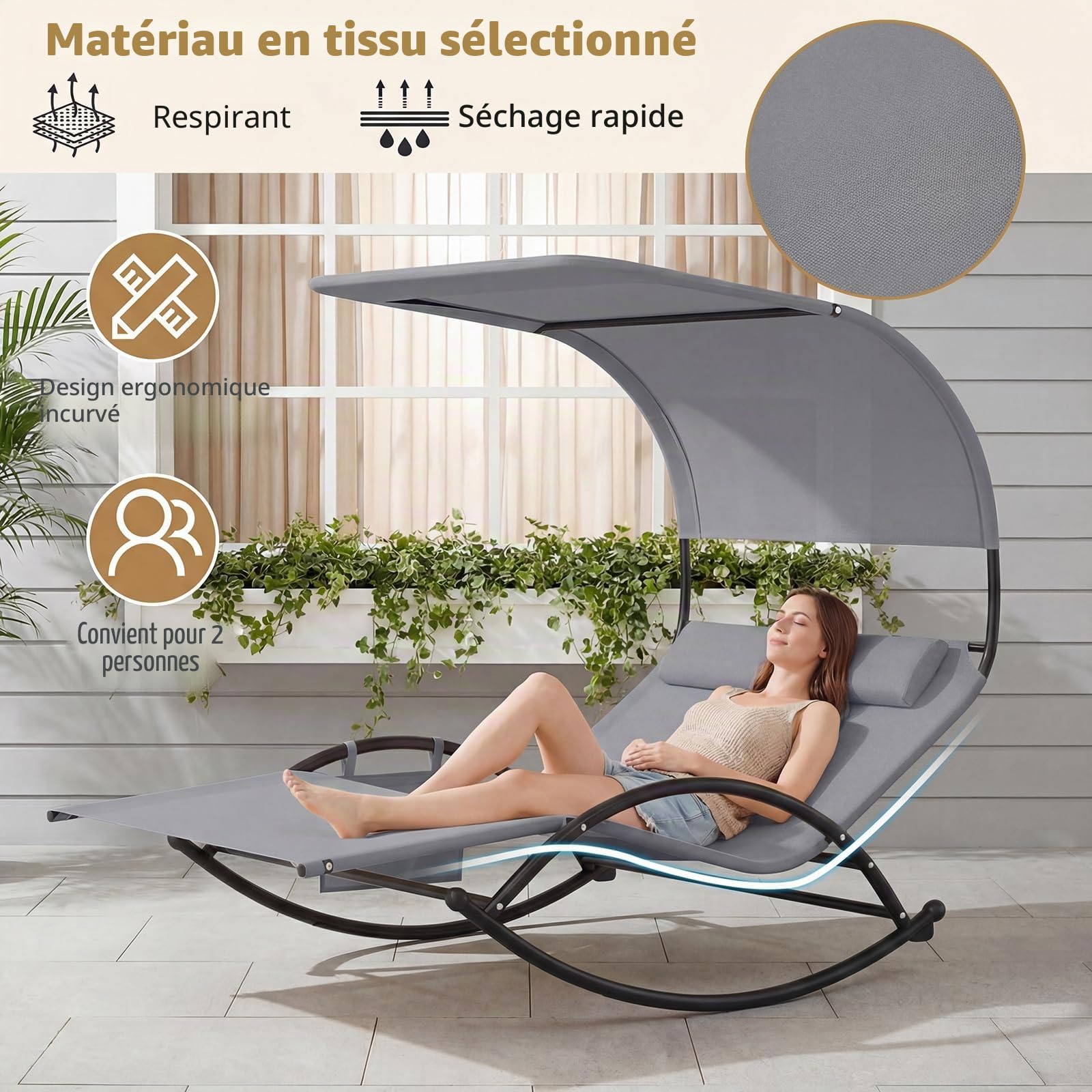 GIANTEX Chaise Longue de Jardin à Bascule pour 2 Personne, Poche Latérale, Transat Double à Bascule, Charge 300 kg, Auvent Pare-Soleil, 2 Oreillers Amovibles, Cadre en Métal, pour Jardin, Balcon, Gris