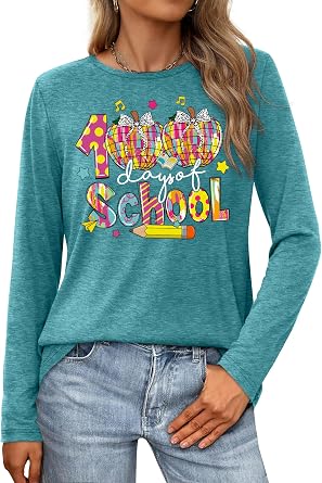 PECHAR 100 Days of School Shirt Teacher School Days Long Sleeve Shirts Funny 100 Days Celebration Gifts Tee Tops