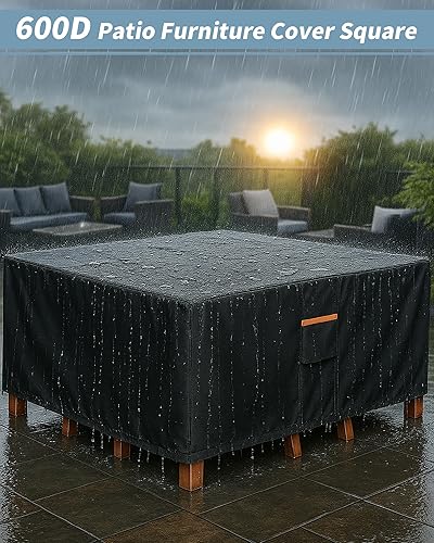 Miniatura 2 de Funda impermeable para muebles al aire libre, 62 pulgadas de ancho x 62 pulgadas de largo x 28 pulgadas de alto, juego de mesa cuadrada 600D Negro