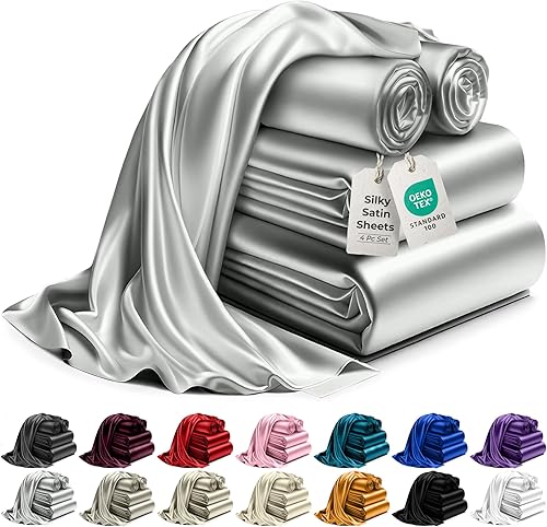 DECOLURE Juego de sábanas de satén tamaño individual, 4 piezas, sábanas de satén de seda genuinas y lujosas, tamaño individual con bolsillo disponible en Yaxa Peru
