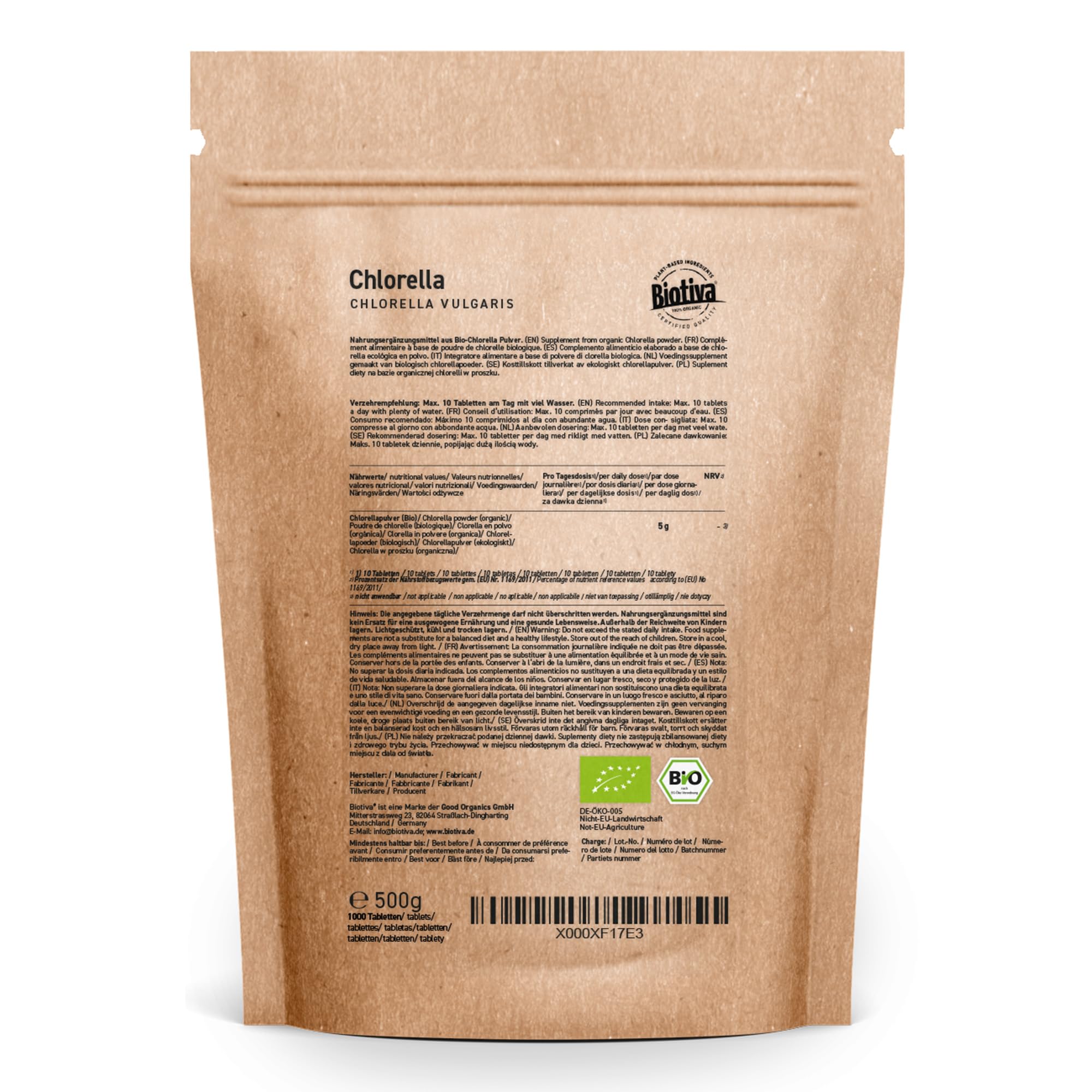 Comprimés de chlorella bio - 500mg fortement dosé - 500g - 1000 comprimés - Comprimés d'algue chlorella végane - Conditionné et contrôlé en Allemagne (DE-ÖKO-005)