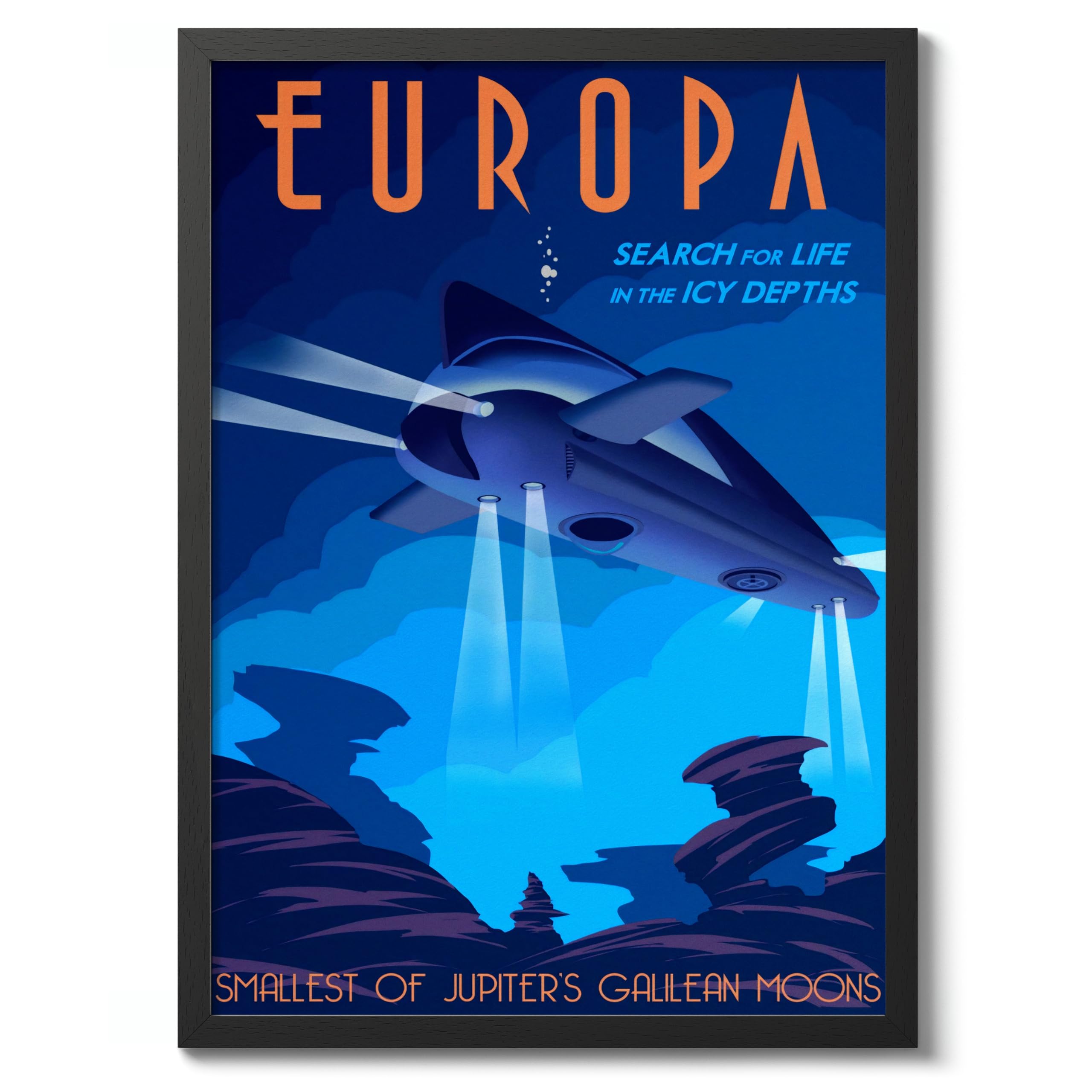 Europa Retro Nasa Space Grand Tour Travel Art Poster, Planet Travel Prints, Vintage Astronomy Home Decor, Astronaut Space Print, Archival Matte, A3 (Black Frame) - 42x29.7cm