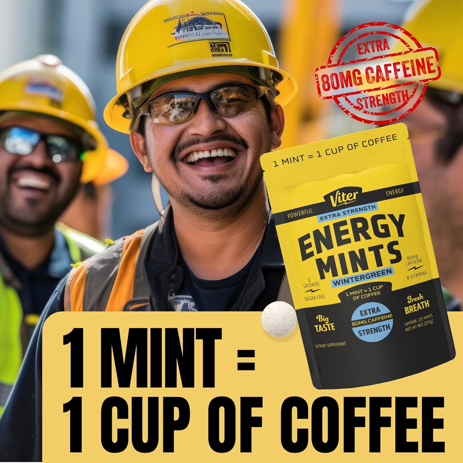 Viter Energy Extra Strength Caffeinated Mints 80mg Caffeine, B Vitamins, Sugar Free. (Wintergreen, 8oz, Bulk Bag)