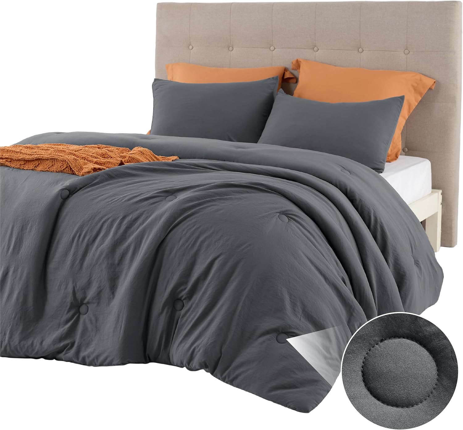 Bedsure King Size Comforter Set Dark Grey, Soft Prewashed King Bedding, Quilted Comforter with Circle Design, Down Alternative Comforter for All Seasons, 3 Pieces Bed Set with 2 Pillow Shams