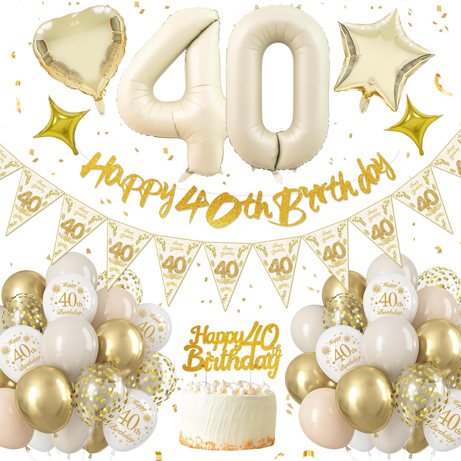 40th Birthday Decorations, Sand White Gold 40 Birthday Party Decorations,Happy 40th Birthday Banner,40th Birthday Balloons,Foil Balloons,Triangle Flag,Cake Topper,40 Birthday Party Supplies for Women