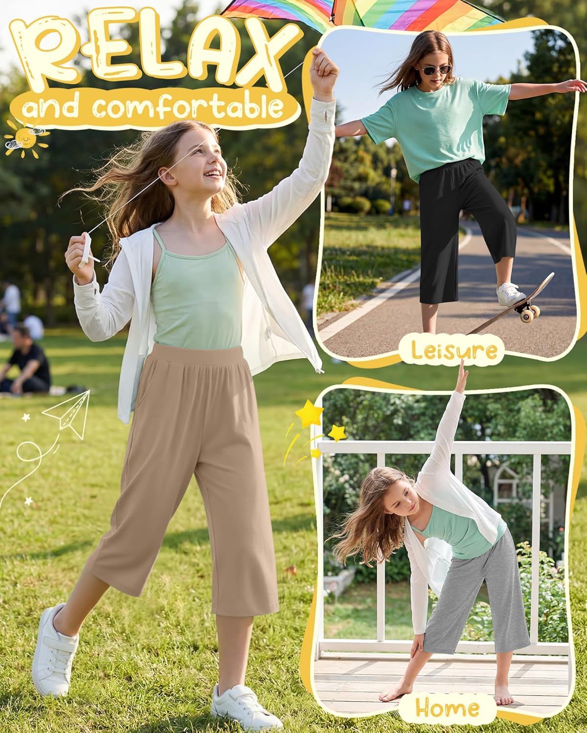 4 Pack Girls' Capri Pants Wide Legs Capris with Pockets Elastic Waist Workout Yoga Pants Loose Sweatpants for Kids