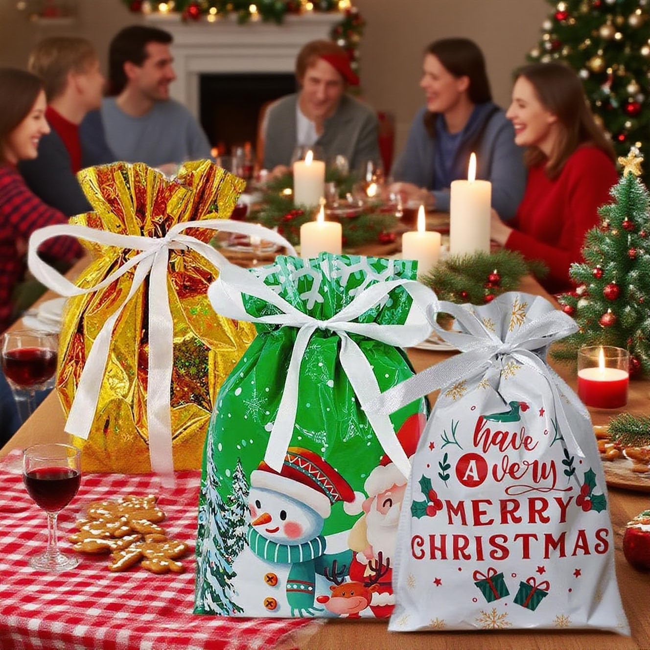 RLLJS 30Pcs Merry Christmas Drawstring Gift Bag New Year Candy Cookie Packaging Bag Christmas Home Decoration with Tags