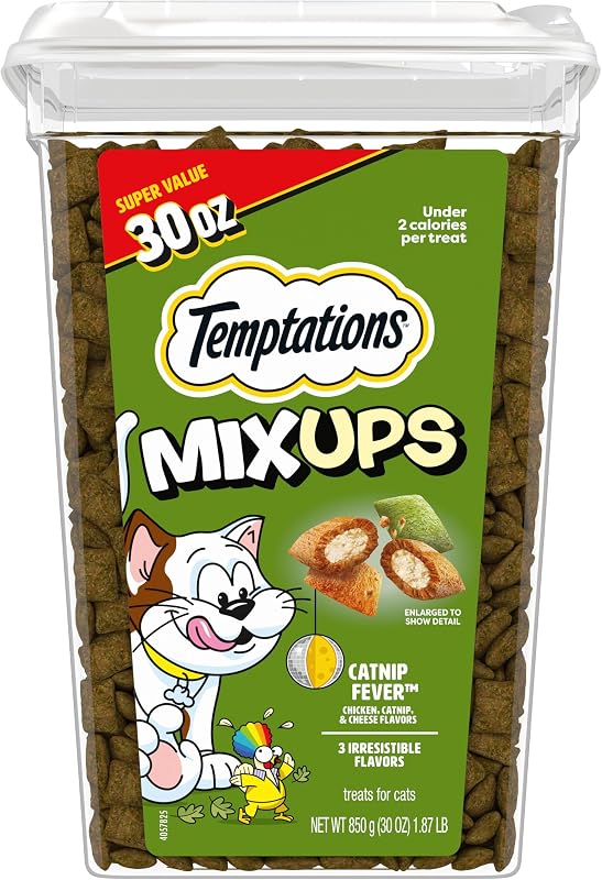 Temptations MixUps Crunchy and Soft Cat Treats, Catnip Fever, 30 oz | Under 2 calories per treat, no artificial flavors, 100% complete & balanced for adult cats, resealable stay-fresh tub