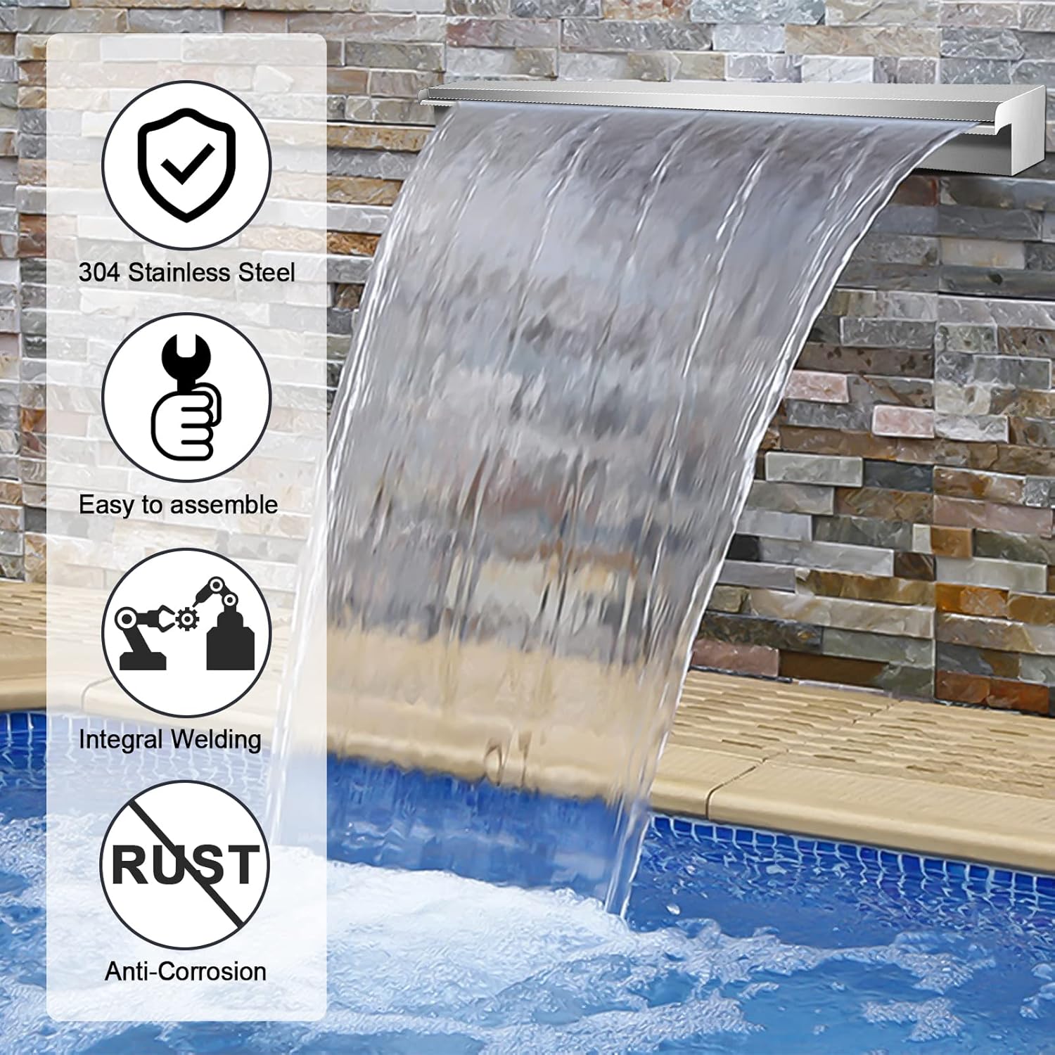 Pool Waterfall Fountains 11.8 Inches, Stainless Steel Rectangular Pool Waterfall Spillway with Pipe Connector for Indoor/Outdoor Decorative