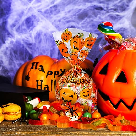 Hestya 50 Pcs 6 x 10 Inch Halloween Treat Bags Pumpkin Cellophane Candy Bag