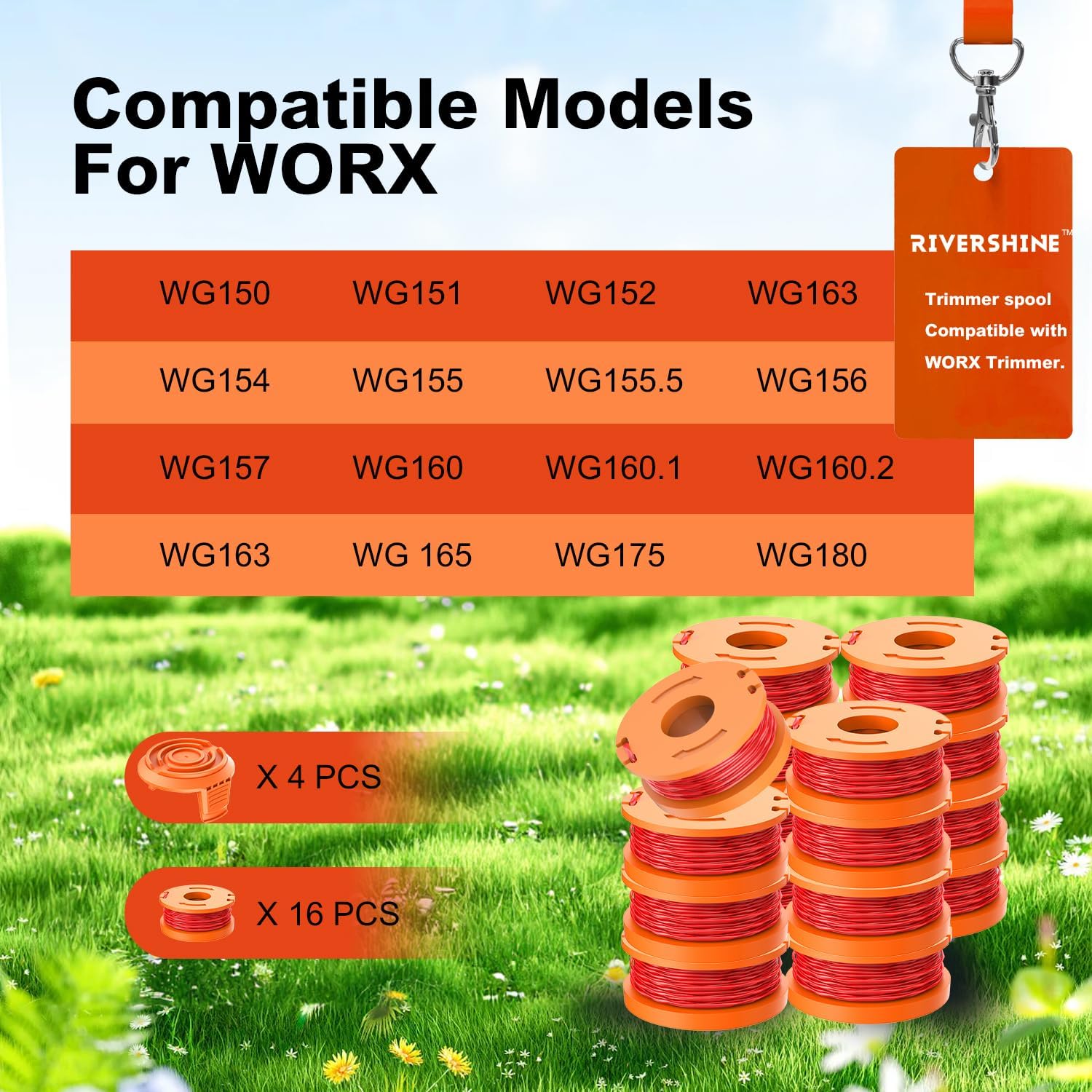 Rivershine 20 Pack WA0010 Replacement Trimmer Line Spool for Worx, 0.065 Inch Weed Eater String, Compatible with Worx Weed Eater. (16 Trimmer spools+4 Trimmer Cap)