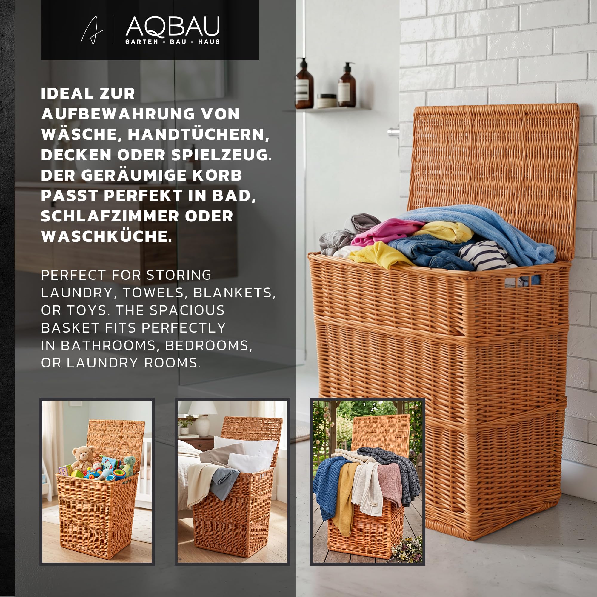 Wäschekorb aus Weide mit Deckel 63x48x38 cm eckig XXL | Natürliche Weide, großes XXL Format, Deckel, eckige Form für Bad, Schlafzimmer und Hauswirtschaftsraum