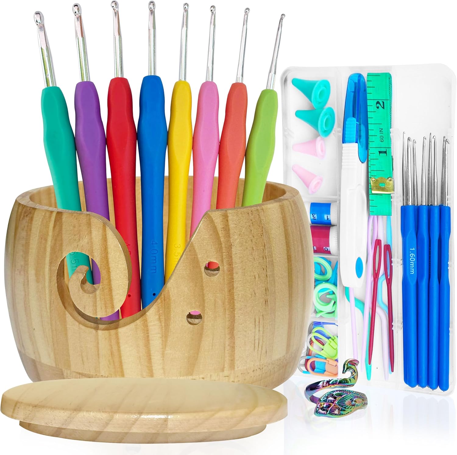 LE MIRIELLE - Wooden Yarn Bowl for Crochet – Crochet Holder + Complete Tools Kit, Gifts for, Large Bowl Organizer for Yarn, Hooks & Accessories