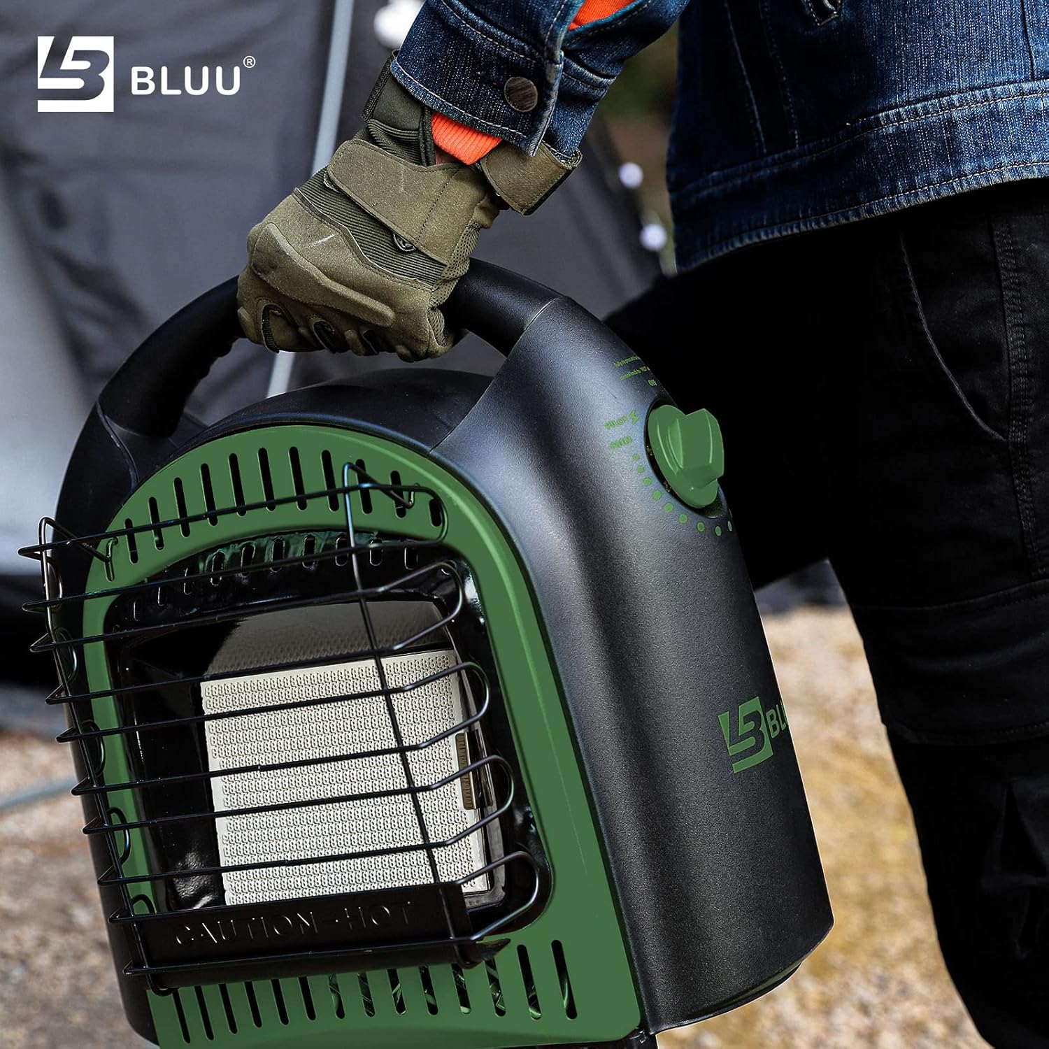 Person carrying BLUU Propane Heater by its handle