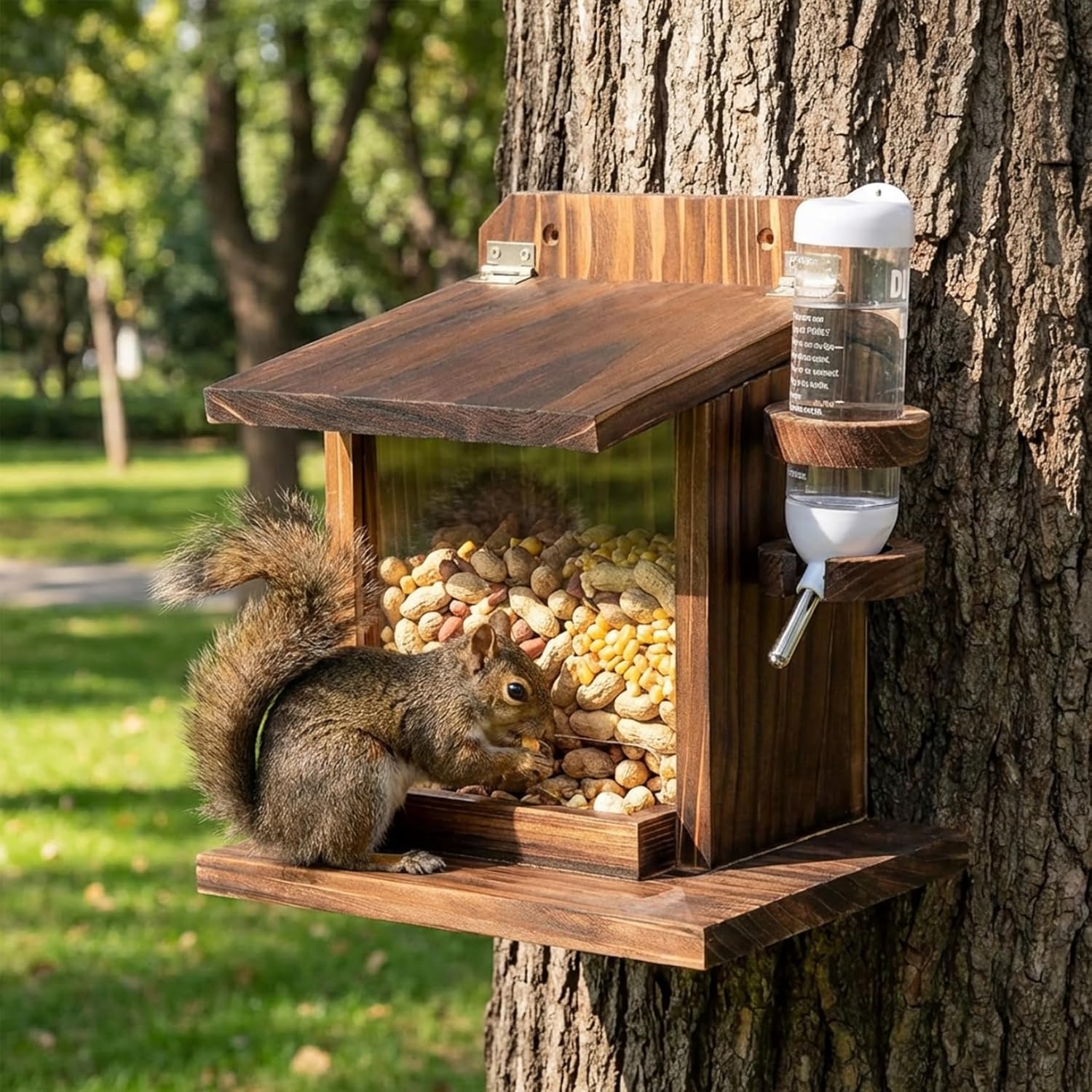 Squirrels Feeder, Wooden Chipmunk Feeder with Water Bottle & Roof, Wall Mount Chipmunk Feeding Station, 9.8x9x7in...