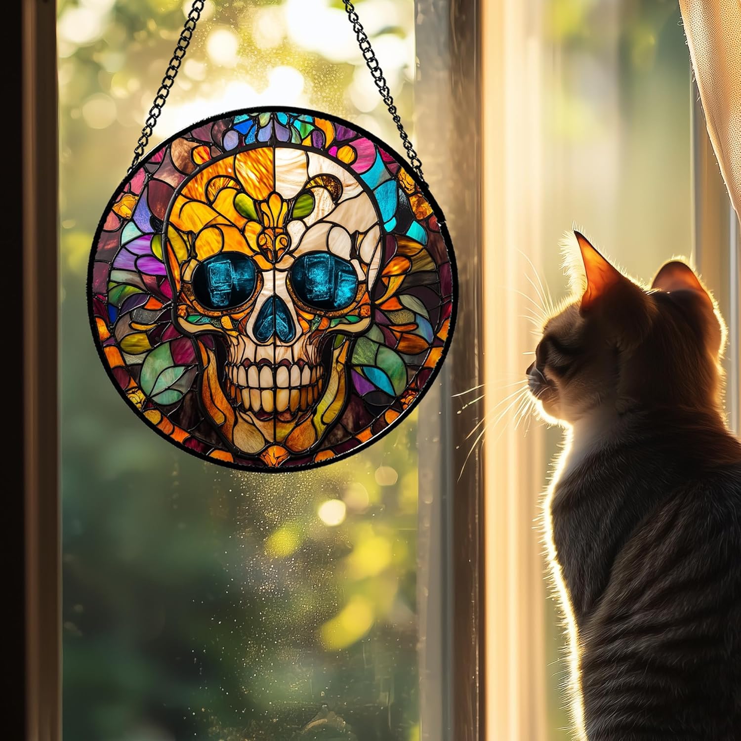 Stained Glass Window Hanging Halloween Retro European Colorful Skull Large 15" - Suncatcher Door Garden Sun Catcher Gothic Decor Birthday Horror Funny Gift for Mom Woman Nana Friend Men