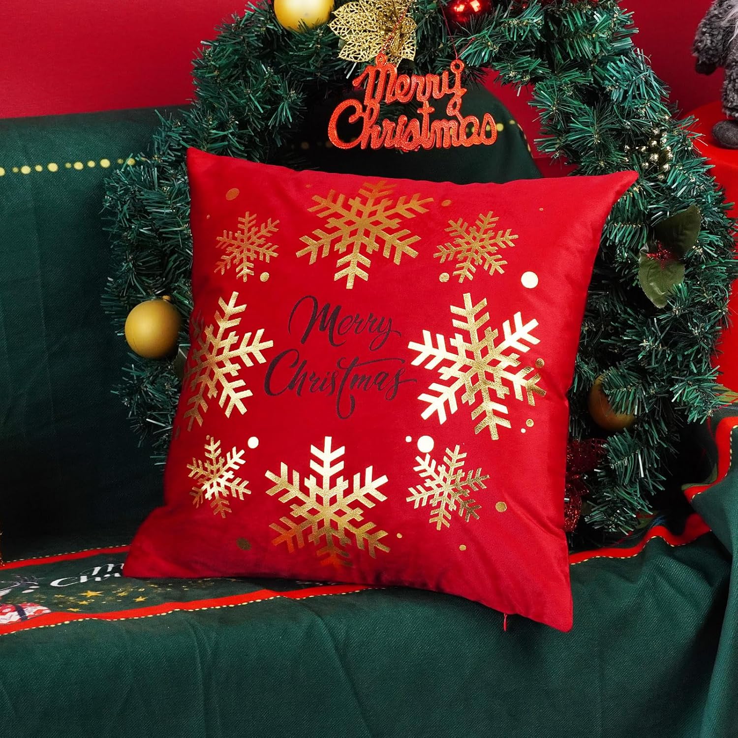 ONWAY Red Christmas Decorations Gold Throw Pillow Covers 20x20 Set of 4 Snowflakes Reindeer Decorative Cushion Cases Xmas Golden Decor for Couch Sofa Bedroom