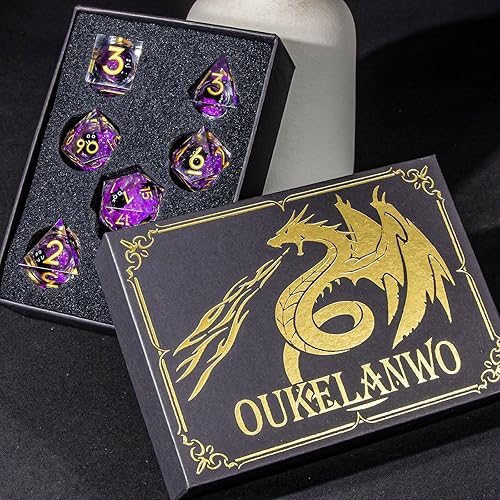 Miniatura 6 de OUKELANWO Cat - Juego de dados DND de núcleo líquido, 7 dados de resina D&D, dados de borde afilado para juegos de rol D20 D12 D10 D8 D6 D4