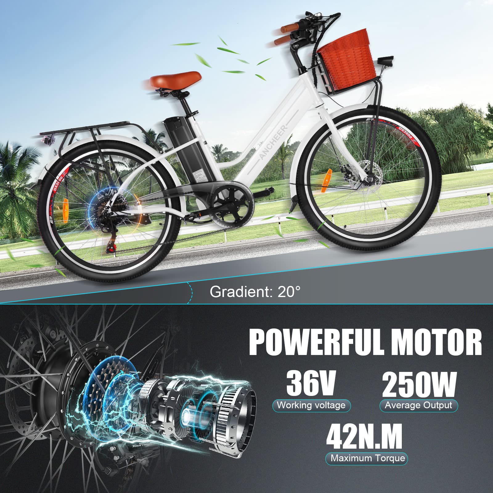ANCHEER 26'' Electric Bicycle, Retro City Electric Bike, Low frame e