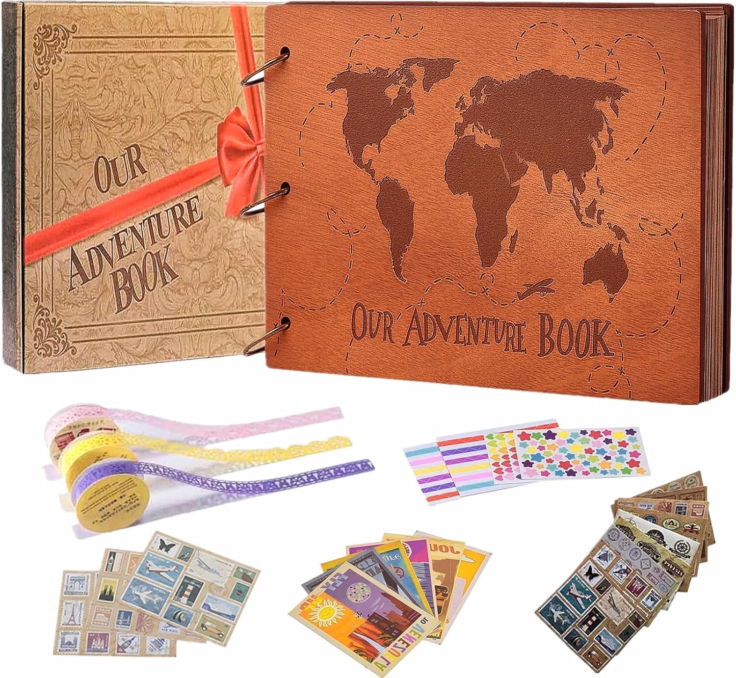 Abenteuerbuch, 3D-Holzeinband, Sammelalbum, Fotoalbum, 30 x 19 cm, zeitloses Erinnerungs-Tagebuch für unvergessliche Abenteuer und wertvolle Momente, ideal für Jubiläen, Reisen und Paare