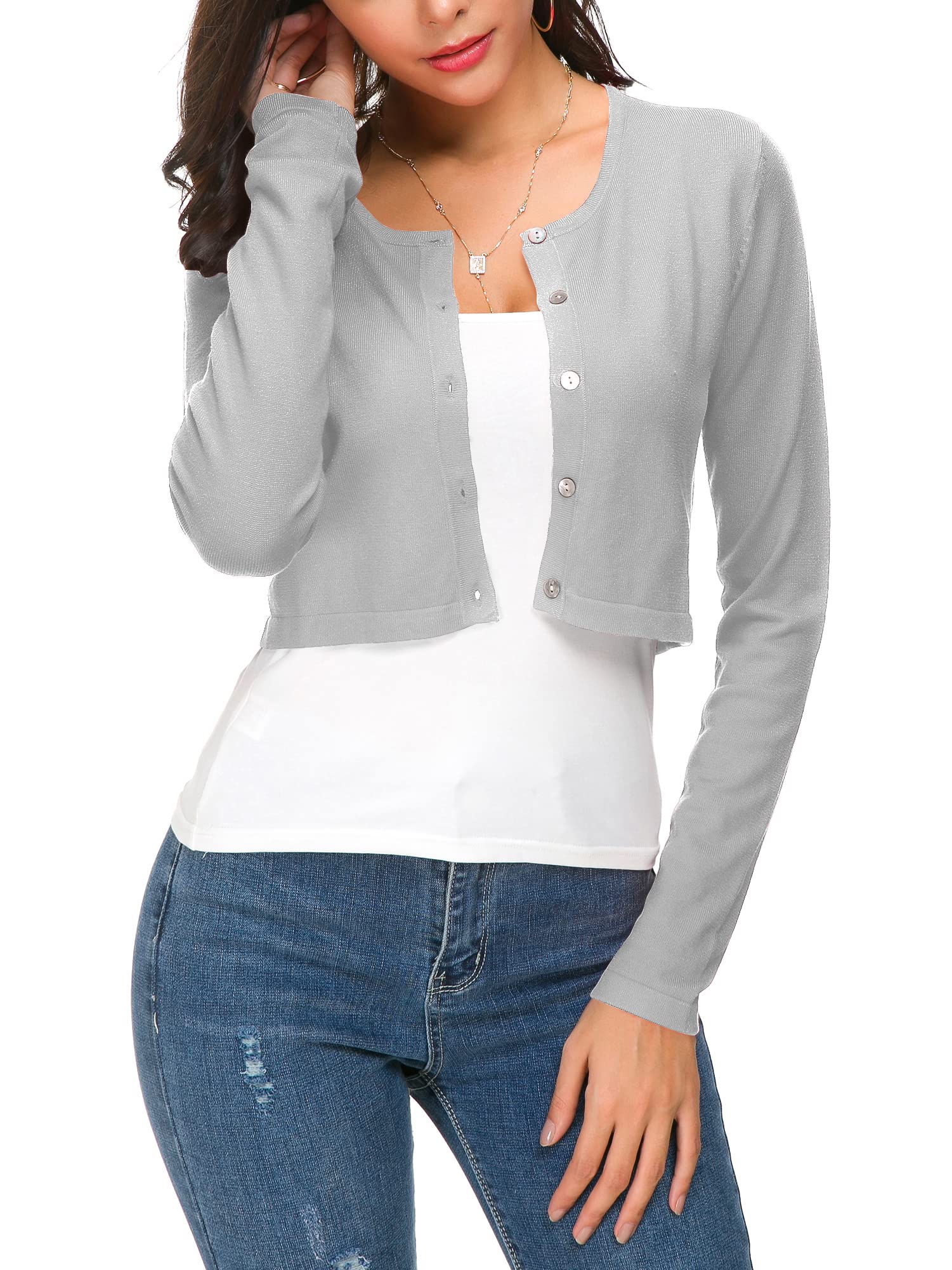Mujeres Casual Manga Larga Bolero Cuello Redondo Corta Cárdigan Elástico Suéter de Punto Shrug con Botones
