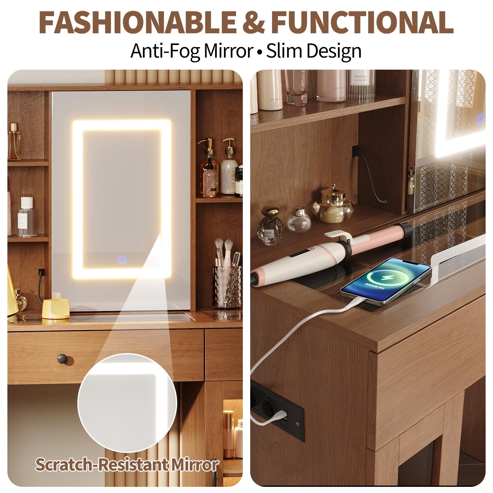 Schminktisch mit Spiegel und Beleuchtung Eleganter Schminktisch mit Schubladen & Schränken, Stauraum, robuster MDF, dimmbaren Leuchten, Steckdosen & USB-Anschlüssen (Natürlich / LED Schiebespiegel)