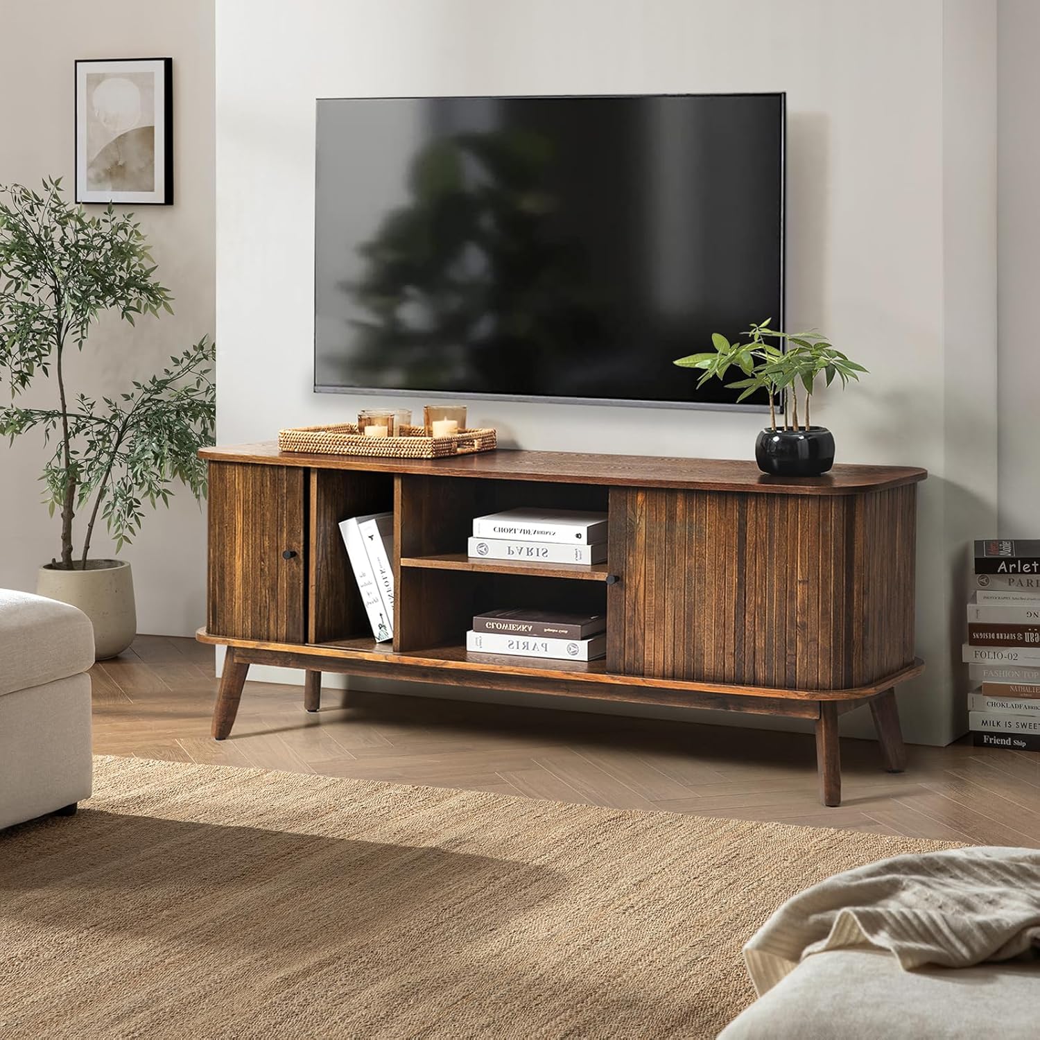 HULALA HOME Mid Century Modern TV Stand for 65" Television, Entertainment Center with Sliding Barn Doors and Solid Wood Legs, Wood Media TV Console Table for Living Room, Walnut