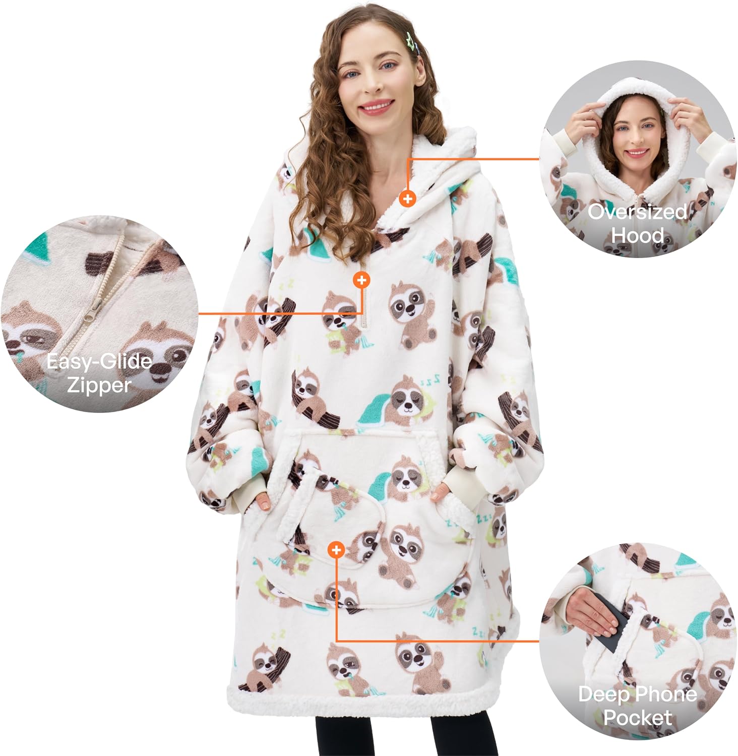 Giggling Getup Wearable Blanket Hoodie for Adults Gifts for Teen Girls Sister Women Sherpa Fleece Printed Hooded Blanket Sweatshirt Warm Cozy with Pocket & Sleeves Cream Sloth image 3