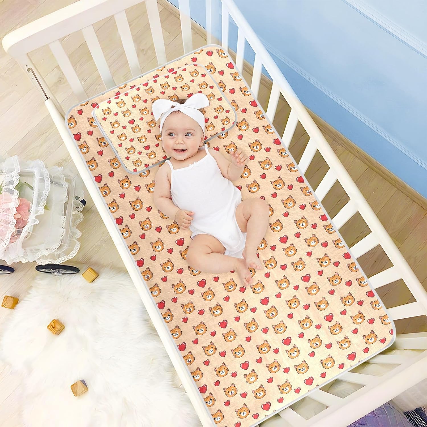 Baby Cooling Mat Cartoon Orange Cats Ice Silk Breathable Mesh Summer Crib Mattress Pad with Pillowcase, Soft Cooling Sleeping Surface for Infant & Toddler, 52"x28"
