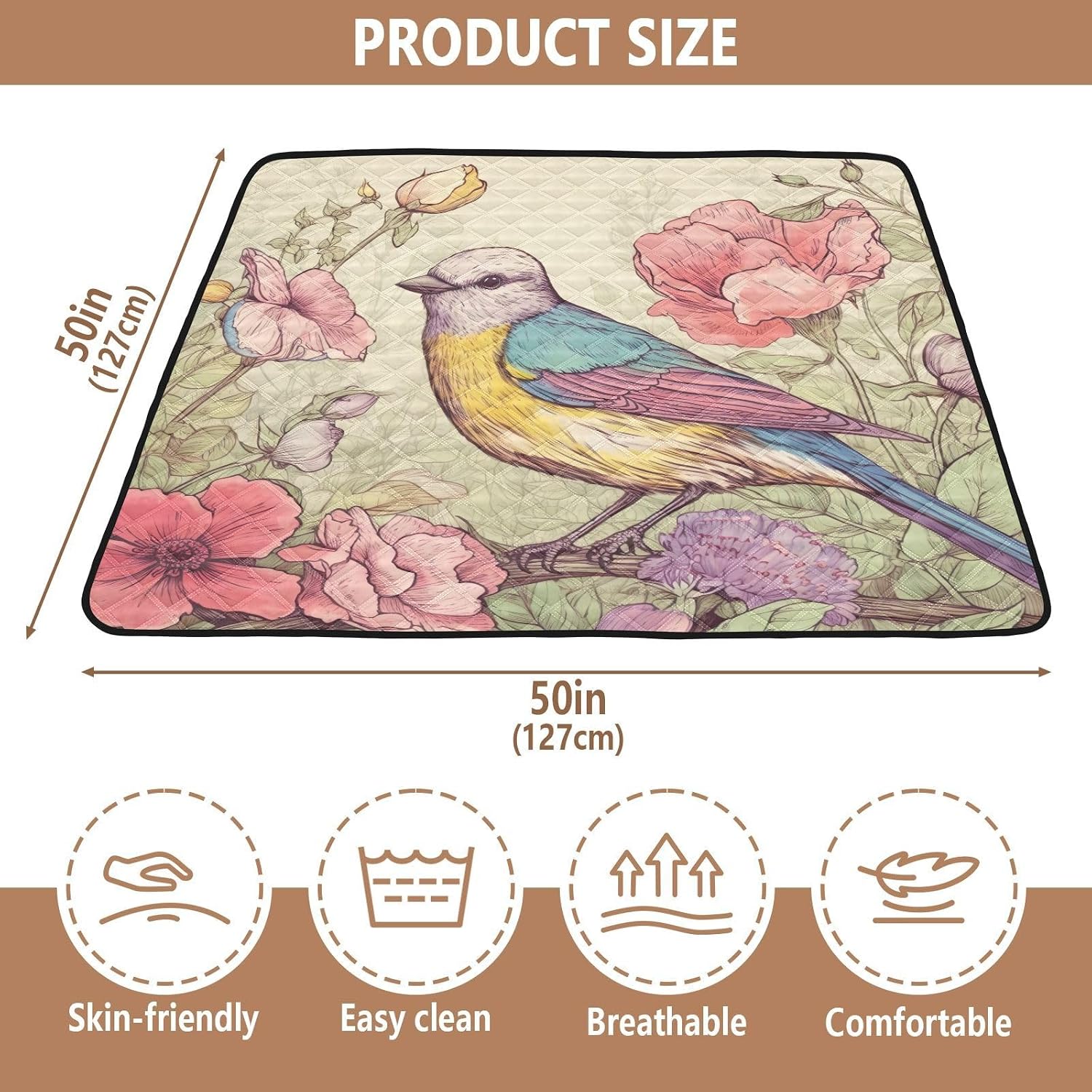 Qilmy Bird Flower Baby Gyms Play Mat for Floor, Waterproof Soft Crawling Mat with Non-Slip Bottom, Lightweight Foldable Picnic Camping Mat for Infants, Toddlers, 50x50in
