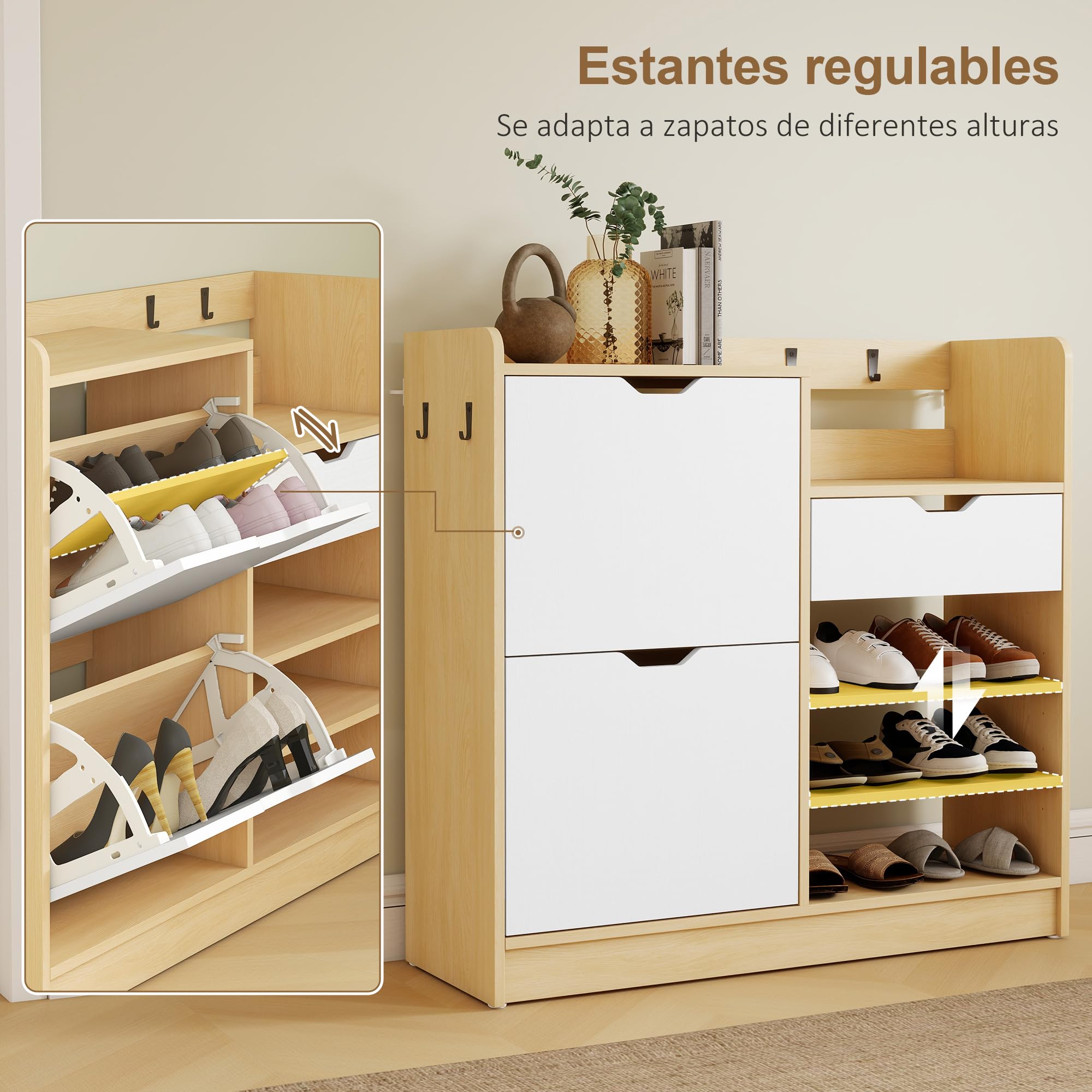 HOMCOM Zapatero Estrecho con 2 Puertas Cajón 93x30x90 cm Natural y Blanco | Zapatero Entrada Recibidor con Estantes Ajustables, Estantes Abiertos, 4 Ganchos, para 14 Pares de Zapatos