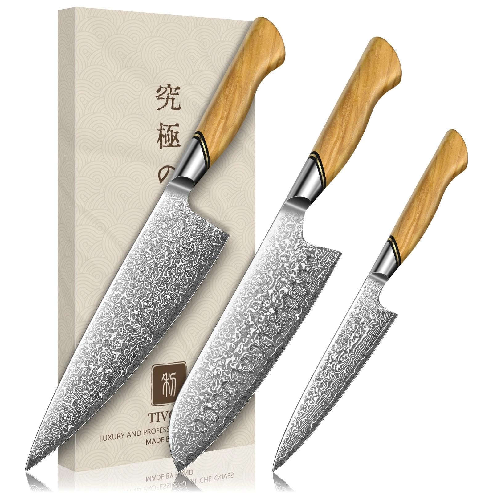 TIVOLI Damascus Kitchen Knife Set,3 PCS Japanese Chef Knife Set,VG-10 Damascus Santoku Paring Knife with Olive Wood Handle,Ideal Gift
