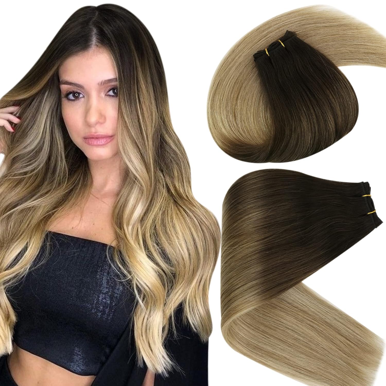 Sunny Weft Hair Extensions 100g 14inch Sew in Human Hair Bundles Ombre Dark Brown