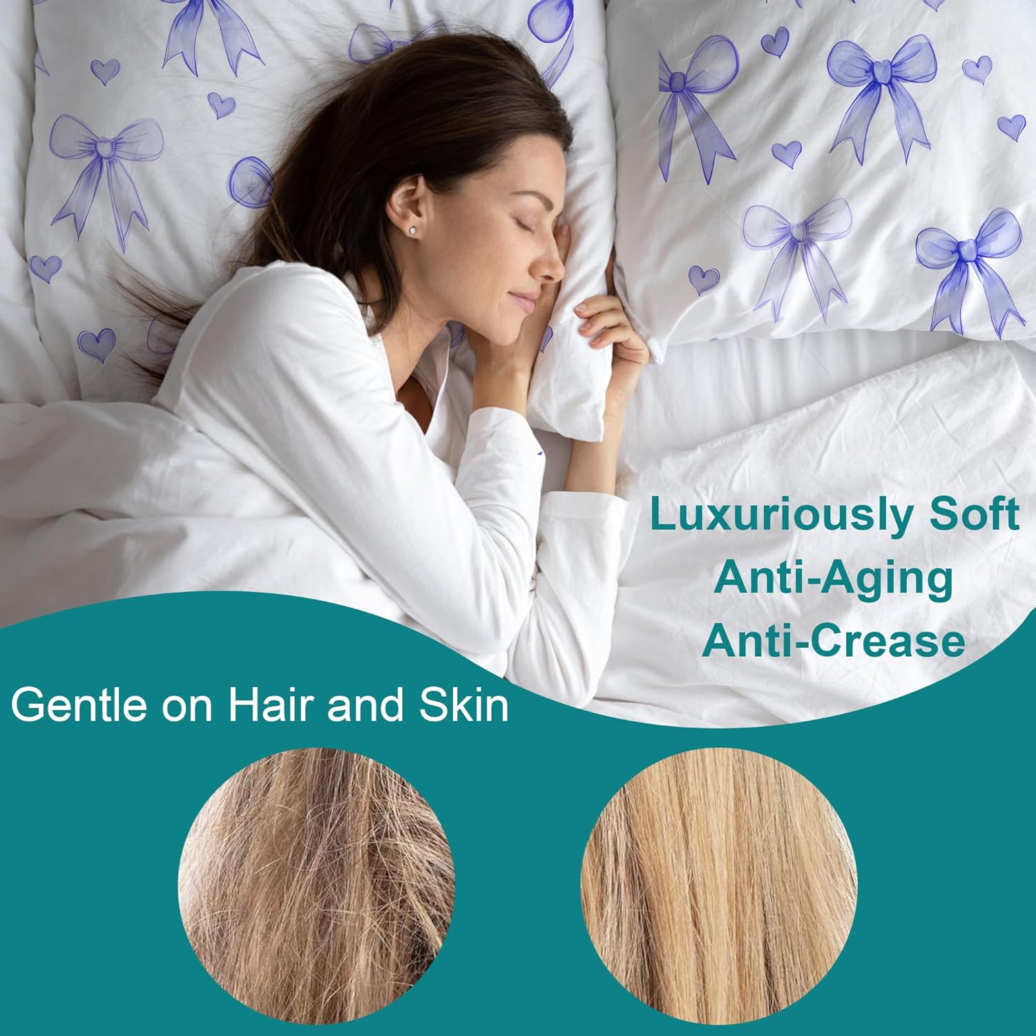 1 Pack Satin Pillowcase Blue Bow and Love Heart Similar to Silk Pillow Cases, 20" x 30" Soft Smooth Breathable Cool Pillow Cases for Hair and Skin, with Hidden Zipper, Queen Size - Image 3